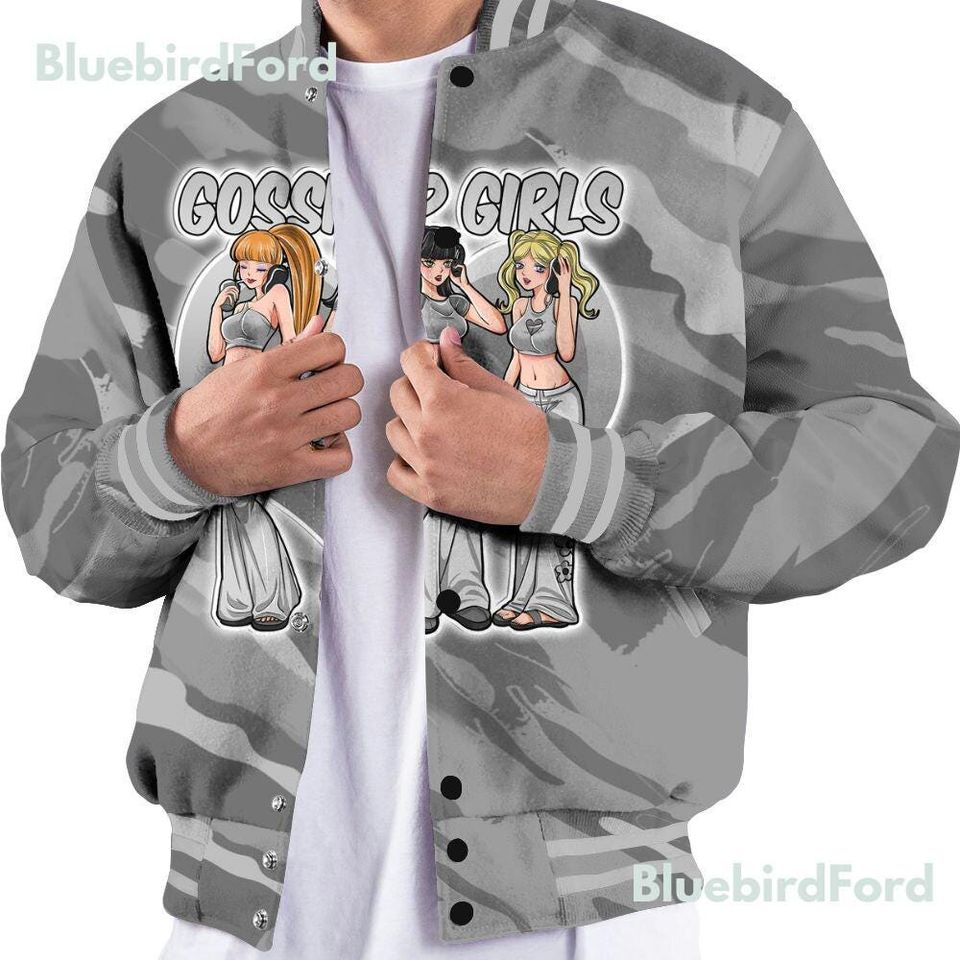 Black Wolf Grey 12s Baseball Varsity Jacket-  Wolf Grey Shirt Gossip'Girls All Over Print Baseball Varsity Jacket