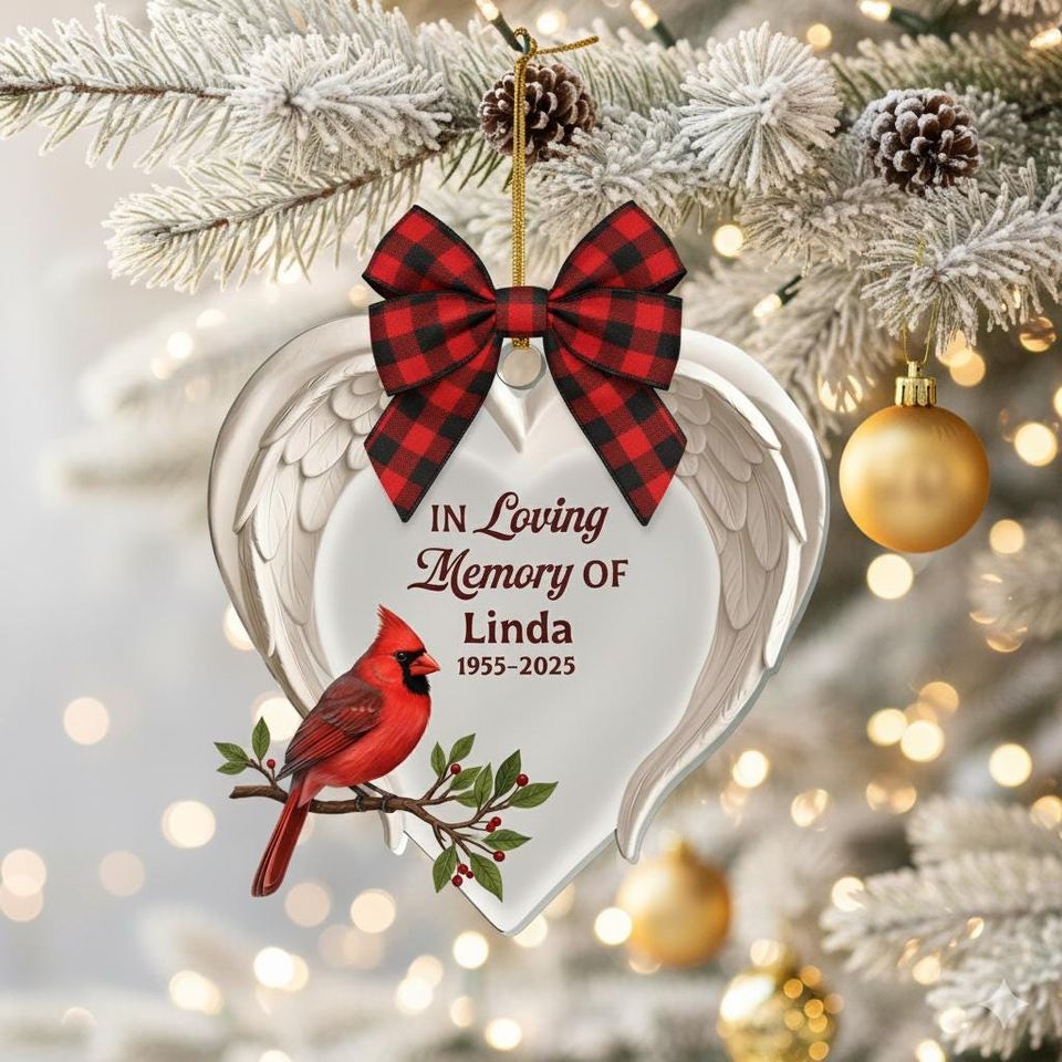 Personalized Cardinal Memorial Ornament, In Loving Memory Xmas Gift, Angel Wings Heart Keepsake, Custom Remembrance Decor, Sympathy Ornament