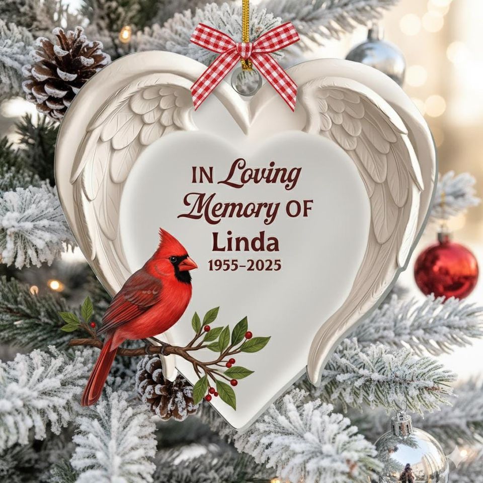 Personalized Cardinal Memorial Ornament, In Loving Memory Xmas Gift, Angel Wings Heart Keepsake, Custom Remembrance Decor, Sympathy Ornament