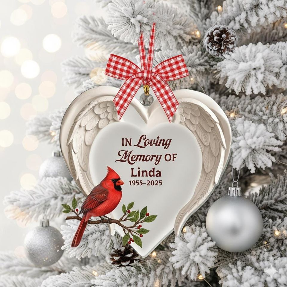 Personalized Cardinal Memorial Ornament, In Loving Memory Xmas Gift, Angel Wings Heart Keepsake, Custom Remembrance Decor, Sympathy Ornament