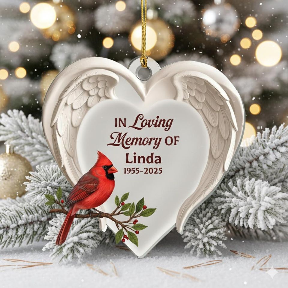 Personalized Cardinal Memorial Ornament, In Loving Memory Xmas Gift, Angel Wings Heart Keepsake, Custom Remembrance Decor, Sympathy Ornament