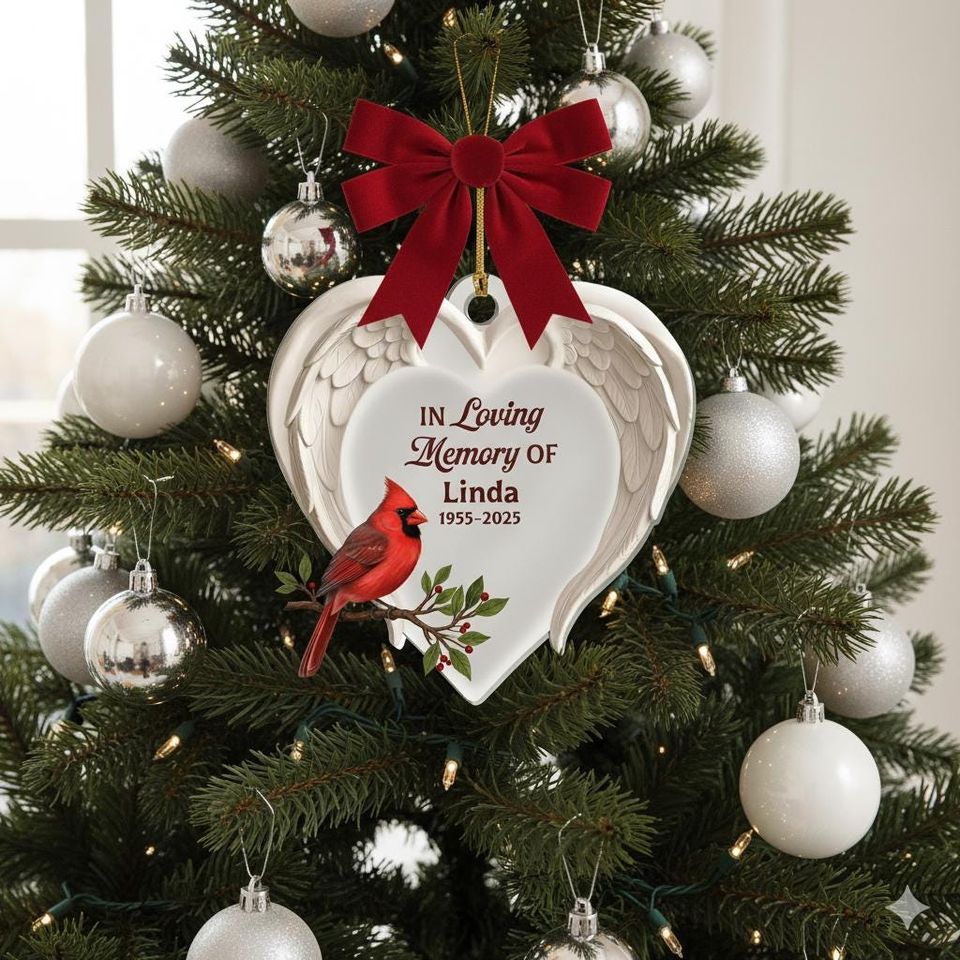 Personalized Cardinal Memorial Ornament, In Loving Memory Xmas Gift, Angel Wings Heart Keepsake, Custom Remembrance Decor, Sympathy Ornament