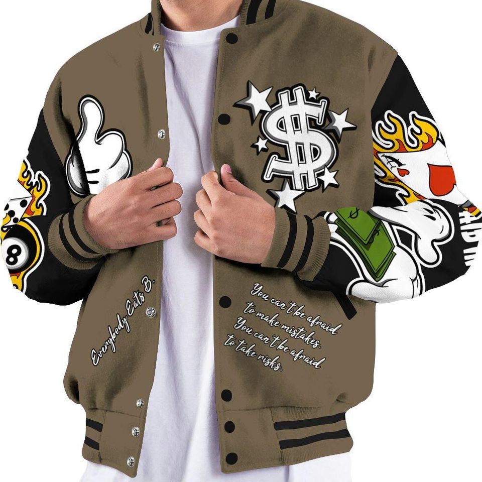 Olive 9s Varsity Jacket, Streetwear Varsity Jacket, Everybody Paid In Full Graphic Varsity Jackets