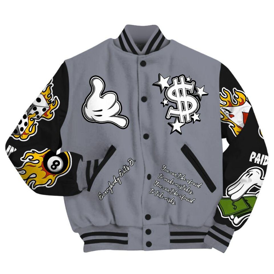 Retro Black Flint 13s Varsity Jacket, Streetwear Varsity Jacket, Hip Hop Varsity Jacket, Everybody Paid In Full Graphic Varsity Jackets