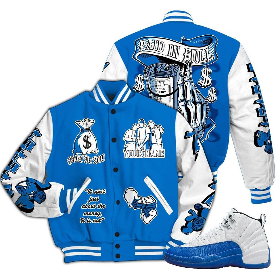 Blueberry 12s Varsity Jacket, Streetwear Varsity Jacket, Hip Hop Varsity Jacket, Paid In Full Baseball Varsity Jacket Custom Name Varsity Jackets