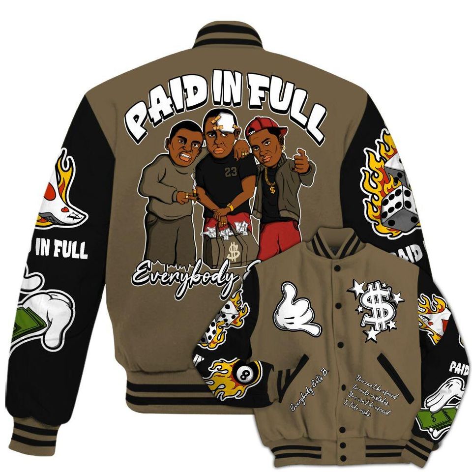 Olive 9s Varsity Jacket, Streetwear Varsity Jacket, Everybody Paid In Full Graphic Varsity Jackets