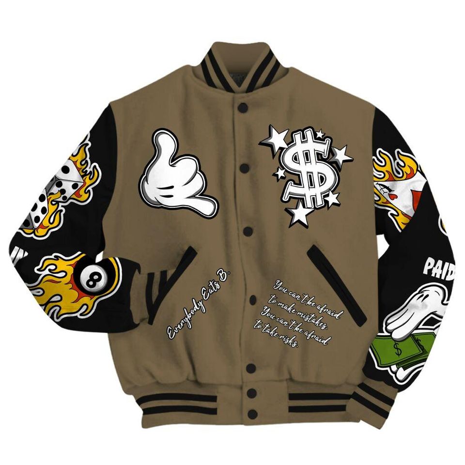 Olive 9s Varsity Jacket, Streetwear Varsity Jacket, Everybody Paid In Full Graphic Varsity Jackets