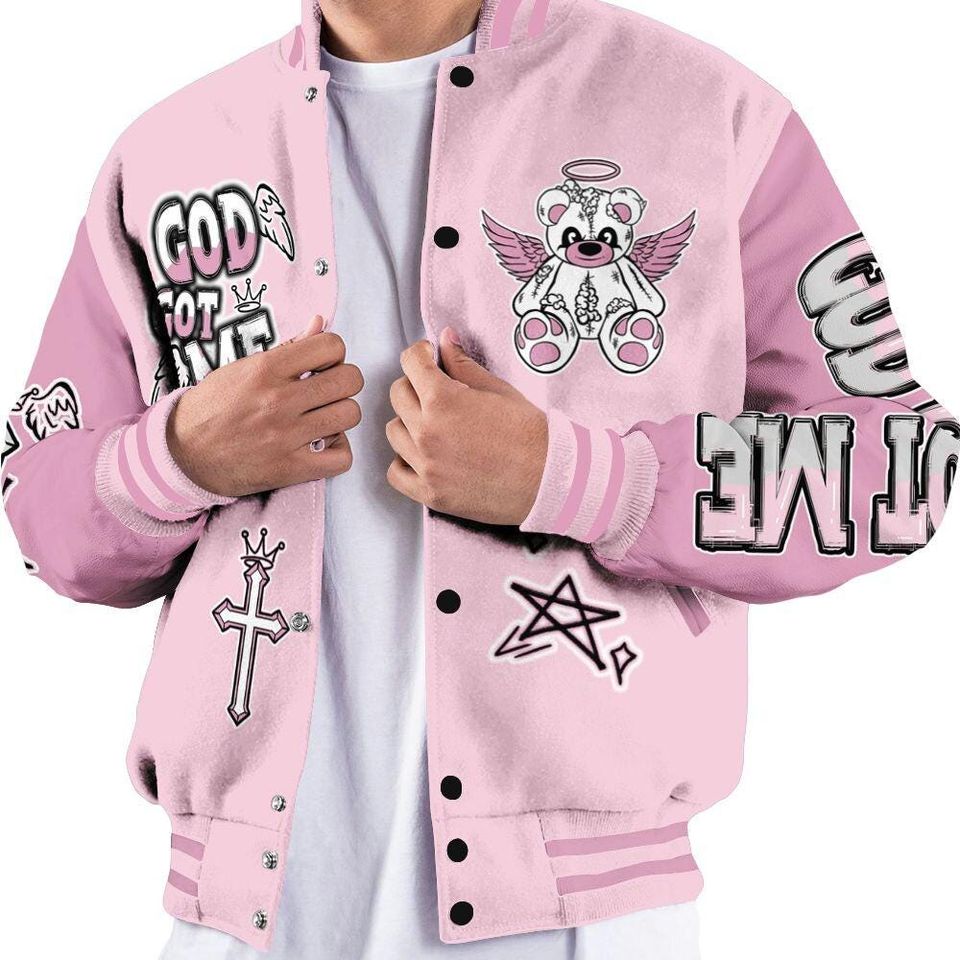 Orchid 4s Varsity Jacket, Streetwear Varsity Jacket, Gods Guides Me Bear Varsity Jacket