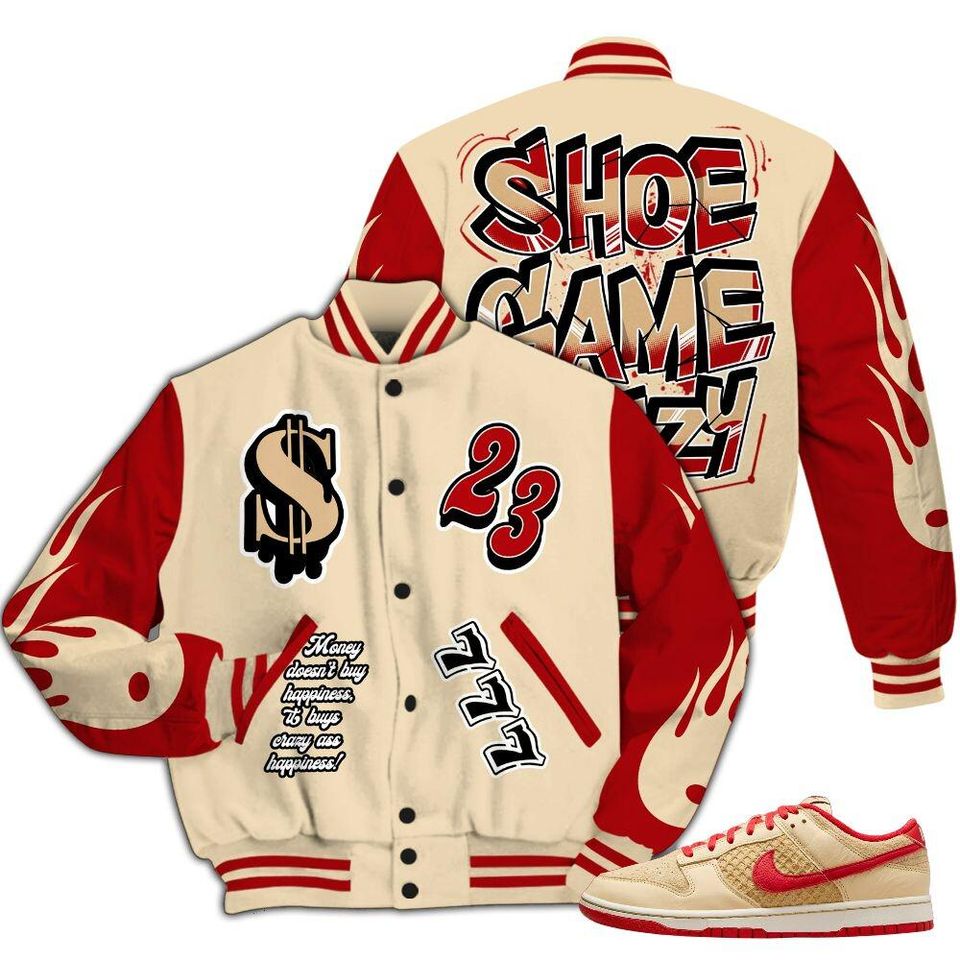 Dunk Low Strawberry Waffle Varsity Jacket, Streetwear Varsity Jacket, Shoe Game Crazy Graphic Varsity Jackets