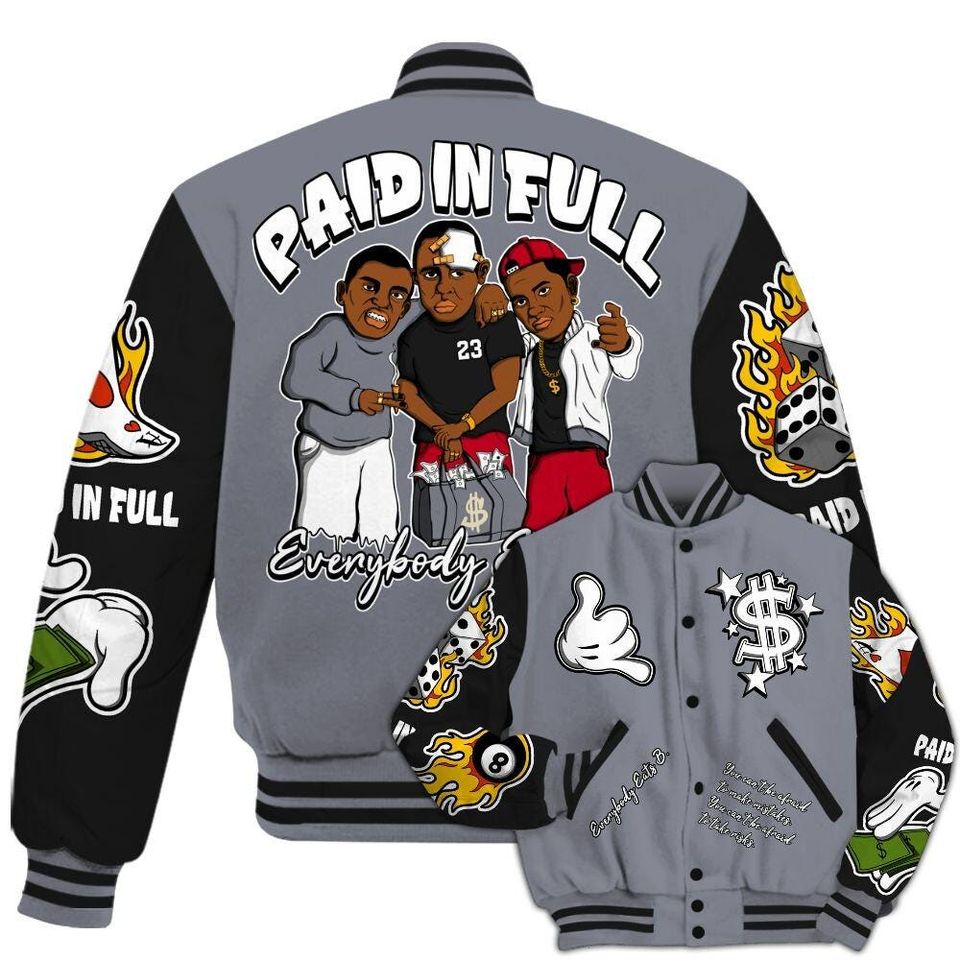 Retro Black Flint 13s Varsity Jacket, Streetwear Varsity Jacket, Hip Hop Varsity Jacket, Everybody Paid In Full Graphic Varsity Jackets
