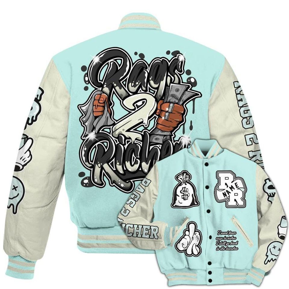Pure Platinum 4s Varsity Jacket, Streetwear Varsity Jacket, Hip Hop Varsity Jacket, Rag 2 Rich Graphic Custom Name Varsity Jackets
