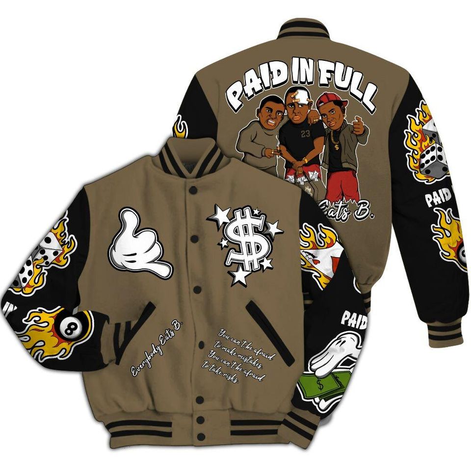 Olive 9s Varsity Jacket, Streetwear Varsity Jacket, Everybody Paid In Full Graphic Varsity Jackets