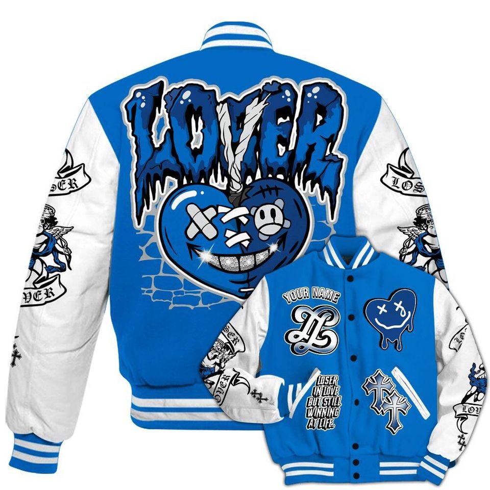 Blueberry 12s Varsity Jacket, Streetwear Varsity Jacket, Hip Hop Varsity Jacket, LOVER LOSER Custom Name Baseball Varsity Jacket