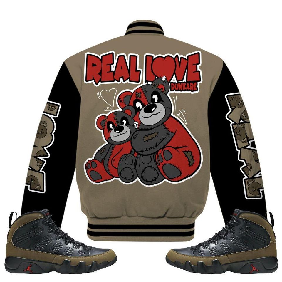 Olive 9s Varsity Jacket, Streetwear Varsity Jacket, Hip Hop Varsity Jacket, Sincere Fondness Bear Varsity Jackets