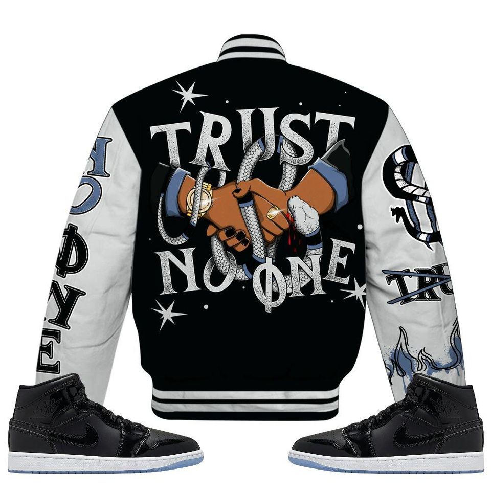 Mid Space Jam 1s Varsity Jacket, Streetwear Varsity Jackets, Trust No One Snake-Bite Street Style Varsity Jackets