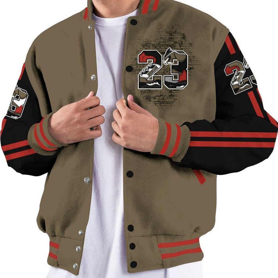 Olive 9s Varsity Jacket, Streetwear Varsity Jackets, Custom Number 23 5s All Over Print Letterman Jackets