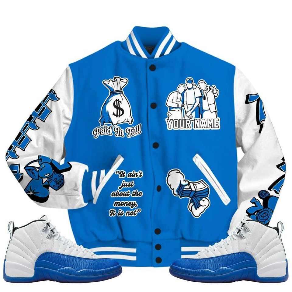 Blueberry 12s Varsity Jacket, Streetwear Varsity Jacket, Hip Hop Varsity Jacket, Paid In Full Baseball Varsity Jacket Custom Name Varsity Jackets