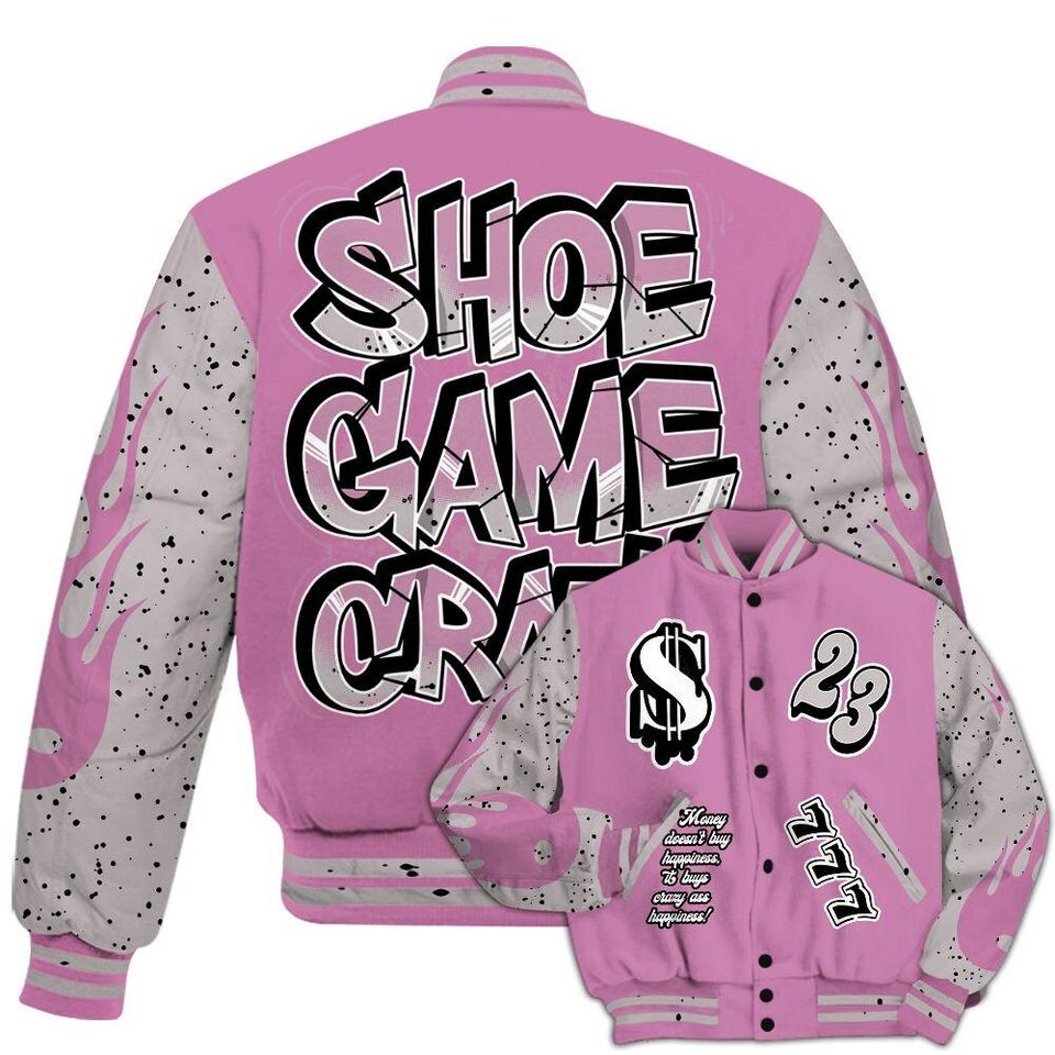 Neutral Grey Black White Orchid 4s Varsity Jacket, Streetwear Varsity Jackets, Shoe Game Crazy Graphic Varsity Jackets