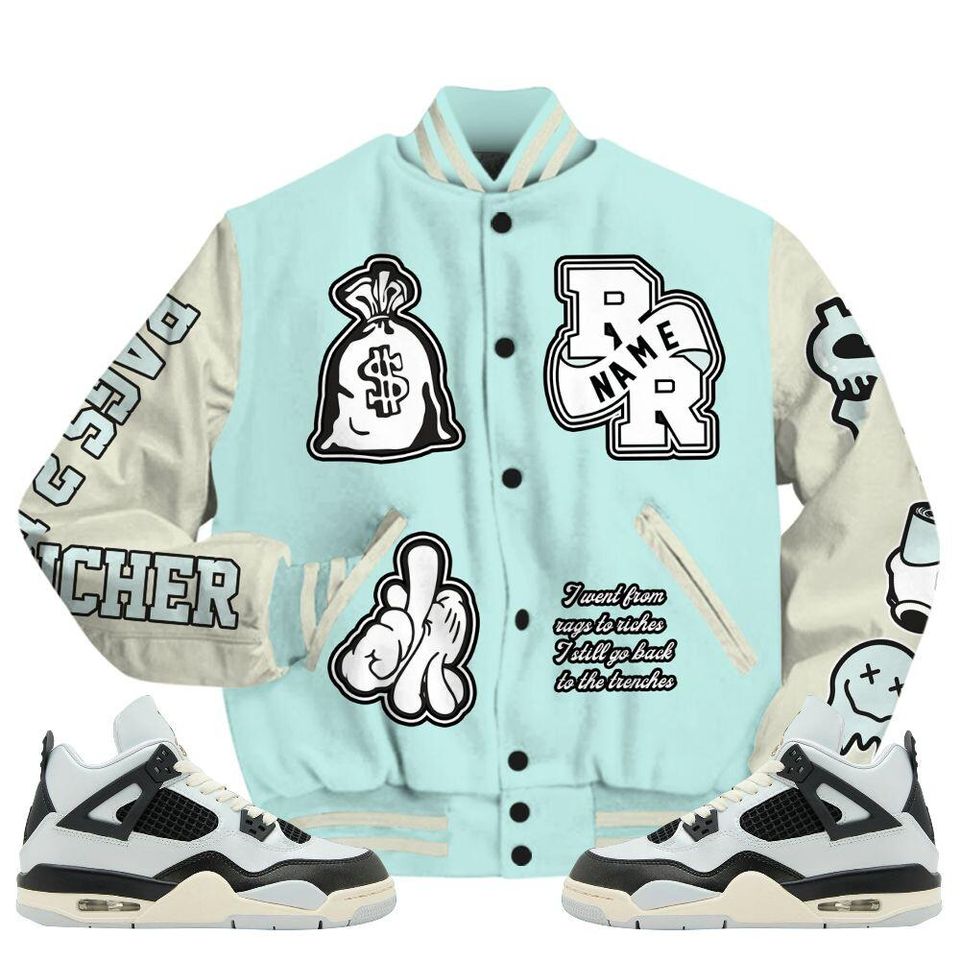 Pure Platinum 4s Varsity Jacket, Streetwear Varsity Jacket, Hip Hop Varsity Jacket, Rag 2 Rich Graphic Custom Name Varsity Jackets