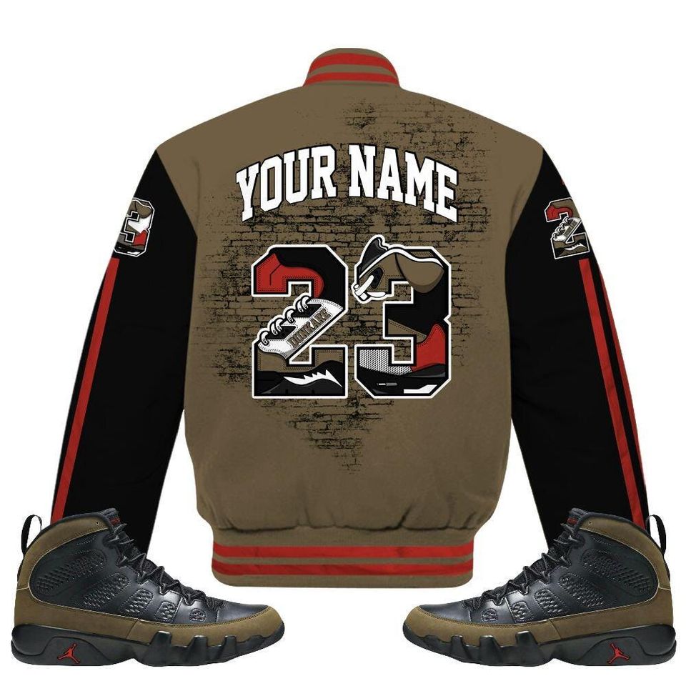 Olive 9s Varsity Jacket, Streetwear Varsity Jackets, Custom Number 23 5s All Over Print Letterman Jackets