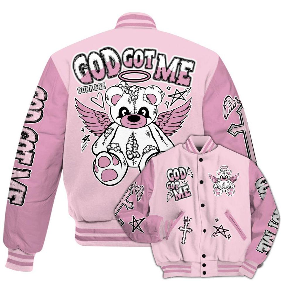 Orchid 4s Varsity Jacket, Streetwear Varsity Jacket, Gods Guides Me Bear Varsity Jacket