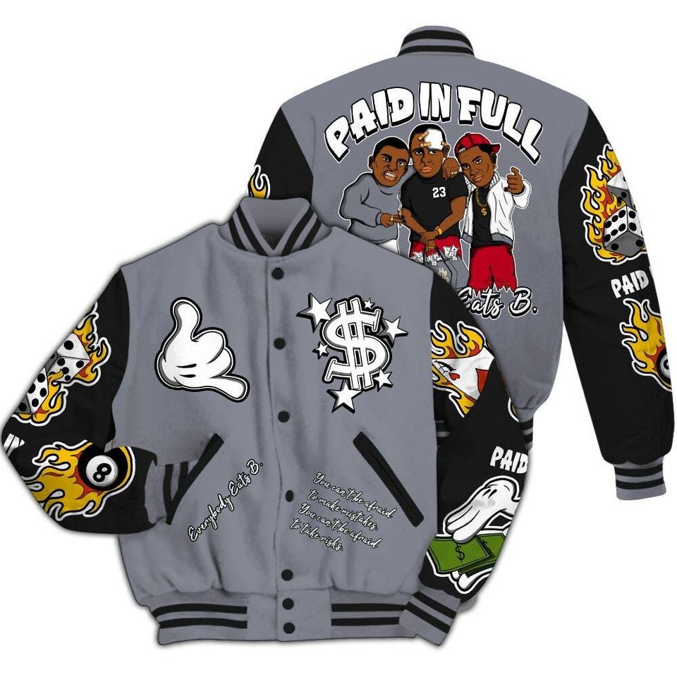 Retro Black Flint 13s Varsity Jacket, Streetwear Varsity Jacket, Hip Hop Varsity Jacket, Everybody Paid In Full Graphic Varsity Jackets