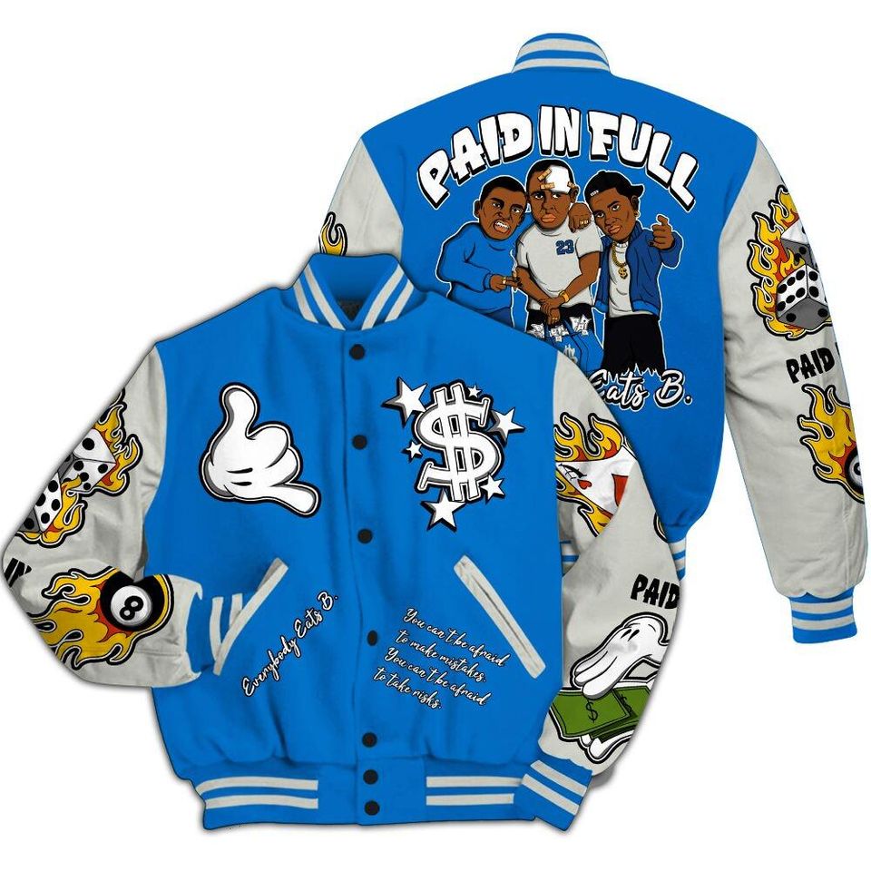 Blueberry 12s Varsity Jacket, Streetwear Varsity Jackets, Everybody Paid In Full Graphic Varsity Jacket