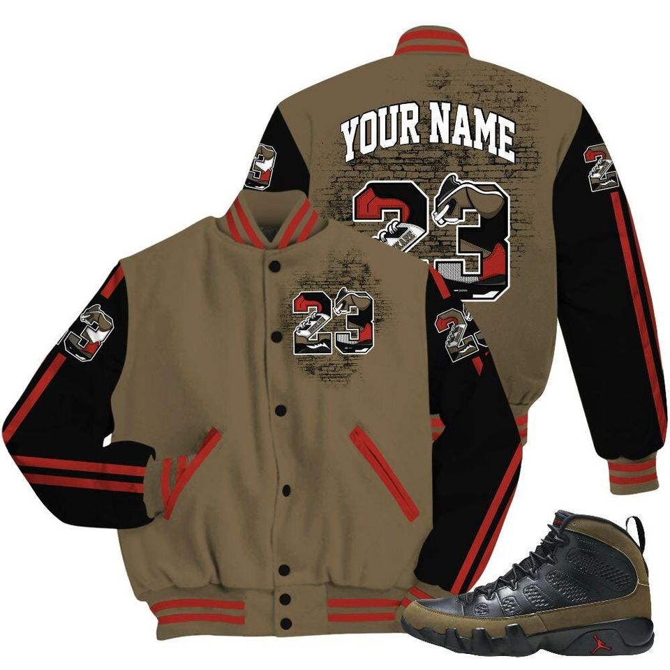 Olive 9s Varsity Jacket, Streetwear Varsity Jackets, Custom Number 23 5s All Over Print Letterman Jackets