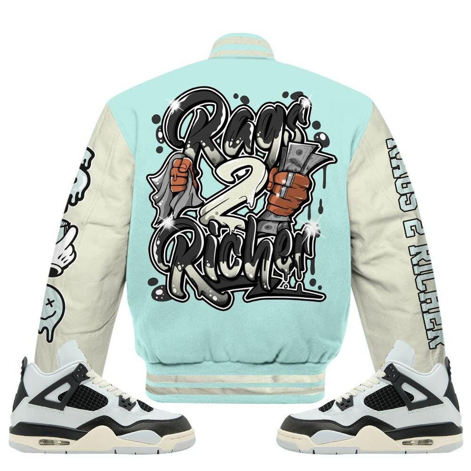 Pure Platinum 4s Varsity Jacket, Streetwear Varsity Jacket, Hip Hop Varsity Jacket, Rag 2 Rich Graphic Custom Name Varsity Jackets