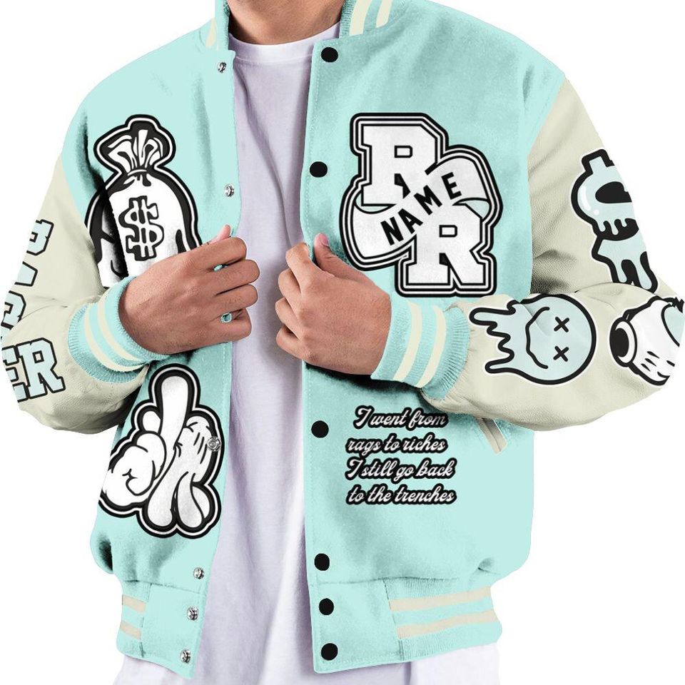 Pure Platinum 4s Varsity Jacket, Streetwear Varsity Jacket, Hip Hop Varsity Jacket, Rag 2 Rich Graphic Custom Name Varsity Jackets