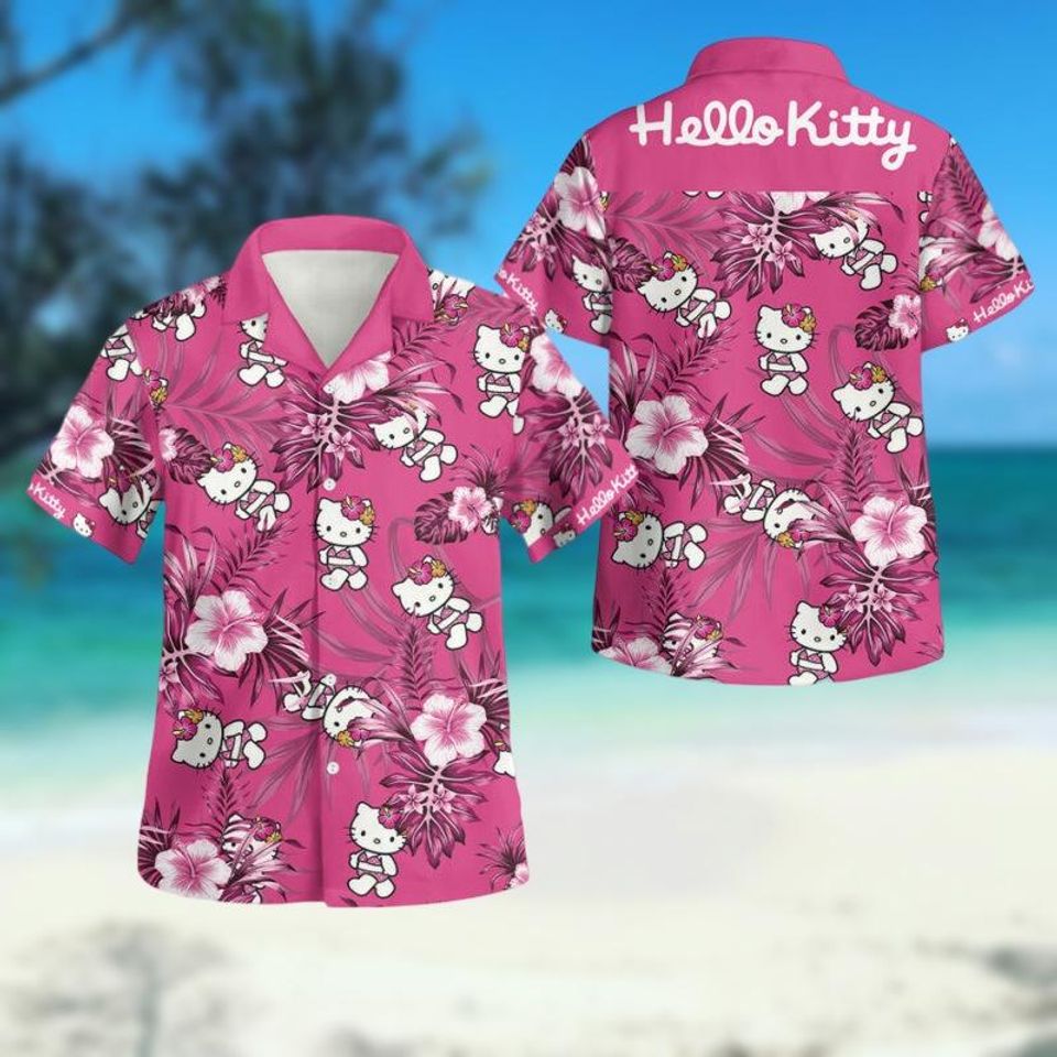 Hello Kitty Hawaiian Shirt, Kitty Cat Button Up Shirt, Hawaii Shirt Women, Kawaii Kitty Summer Beach Shirt, Tropical Shirt Gift For Her