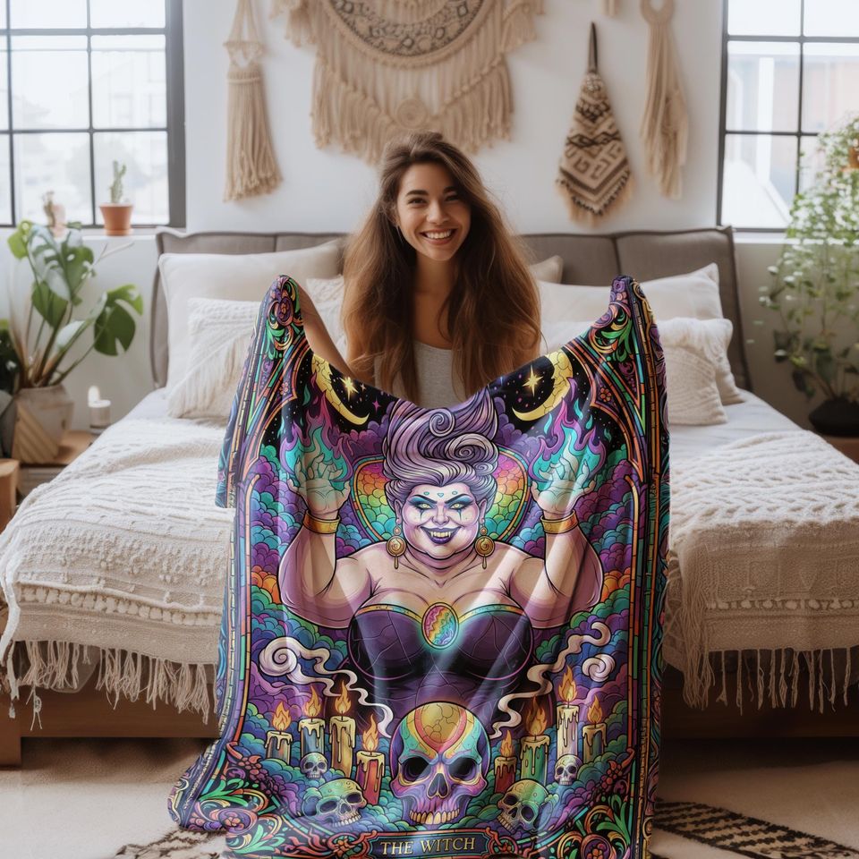 The Witch Blanket  Gothic Witch Fleece Blanket, Occult Stained Glass Style Bedding