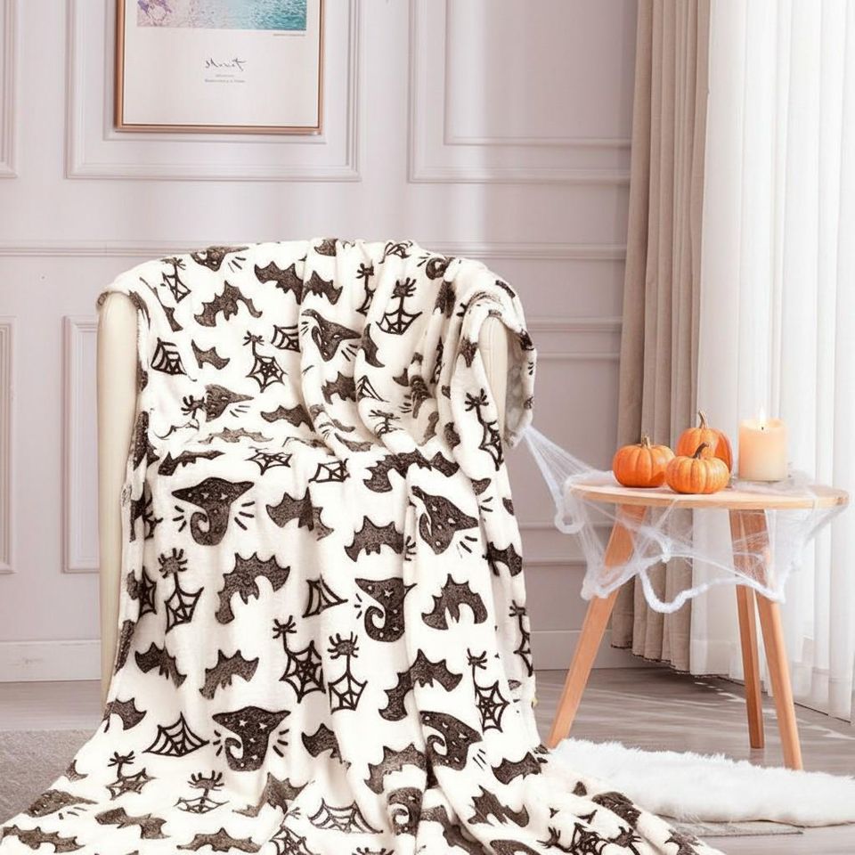 Halloween Bats and Spiderweb Blanket, Black and White Spooky Fleece Blanket