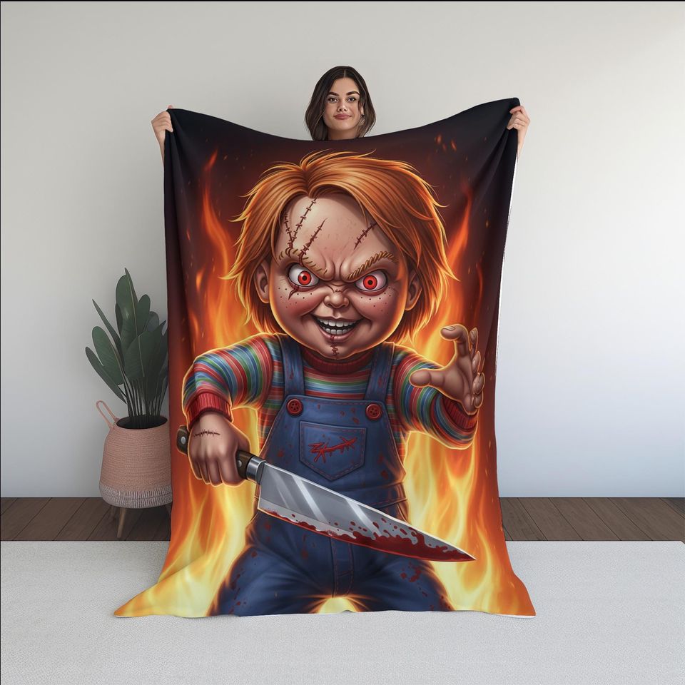 Chucky Blanket  Horror Movie Throw, Killer Doll Bedding, Creepy Slasher Blanket