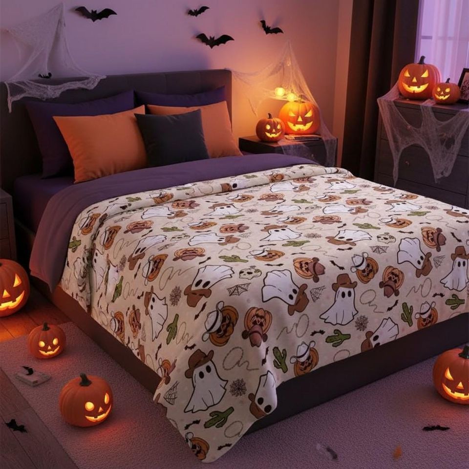 Cowboy Ghost Halloween Blanket, Cute Western Spooky Fleece Blanket