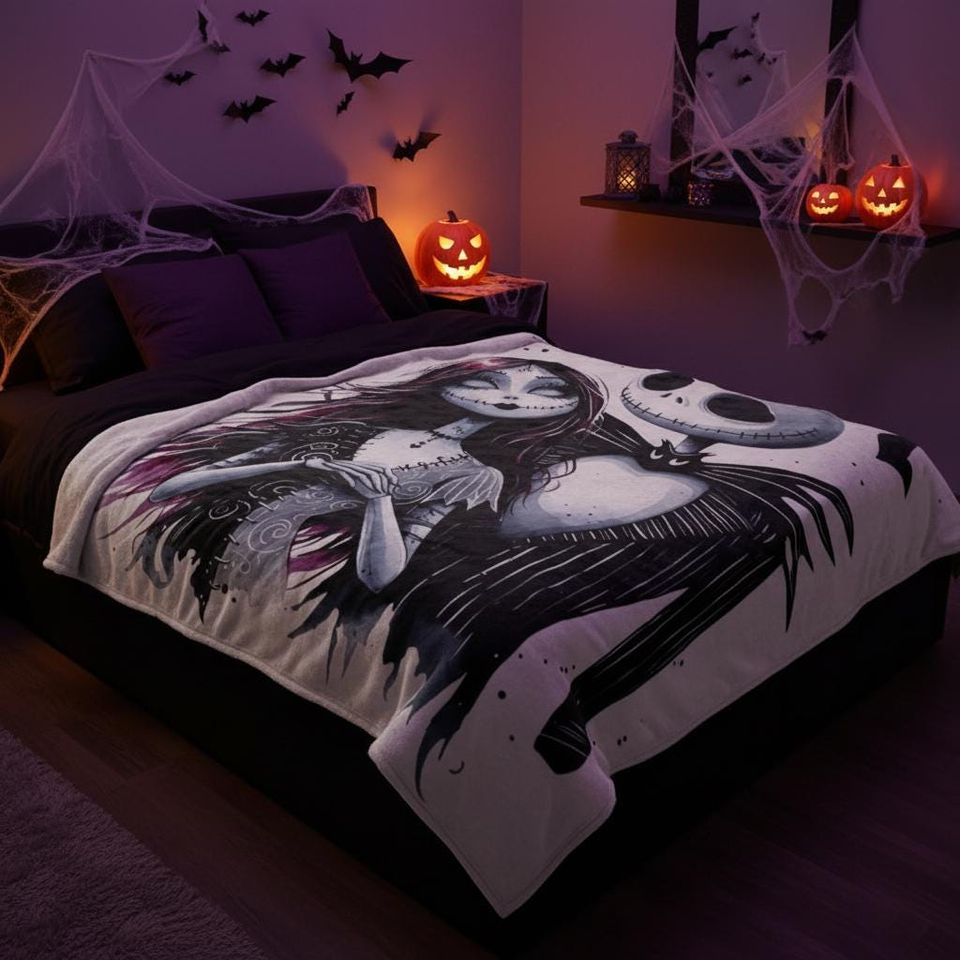 Nightmare Gothic Couple Blanket, Skeleton Love Throw, Dark Romantic Tapestry