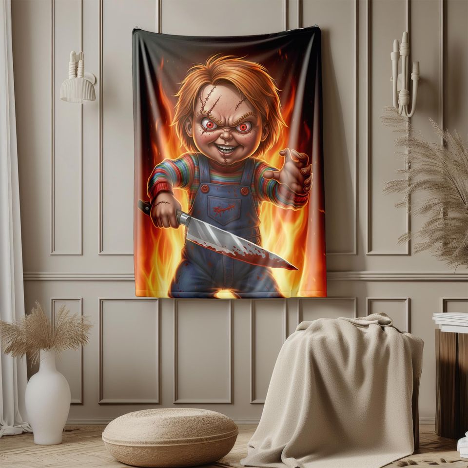 Chucky Blanket  Horror Movie Throw, Killer Doll Bedding, Creepy Slasher Blanket