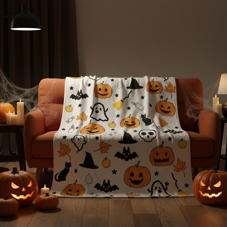 Halloween Blanket, Cute Pumpkin Ghost Witch Cat Skull Bat Throw