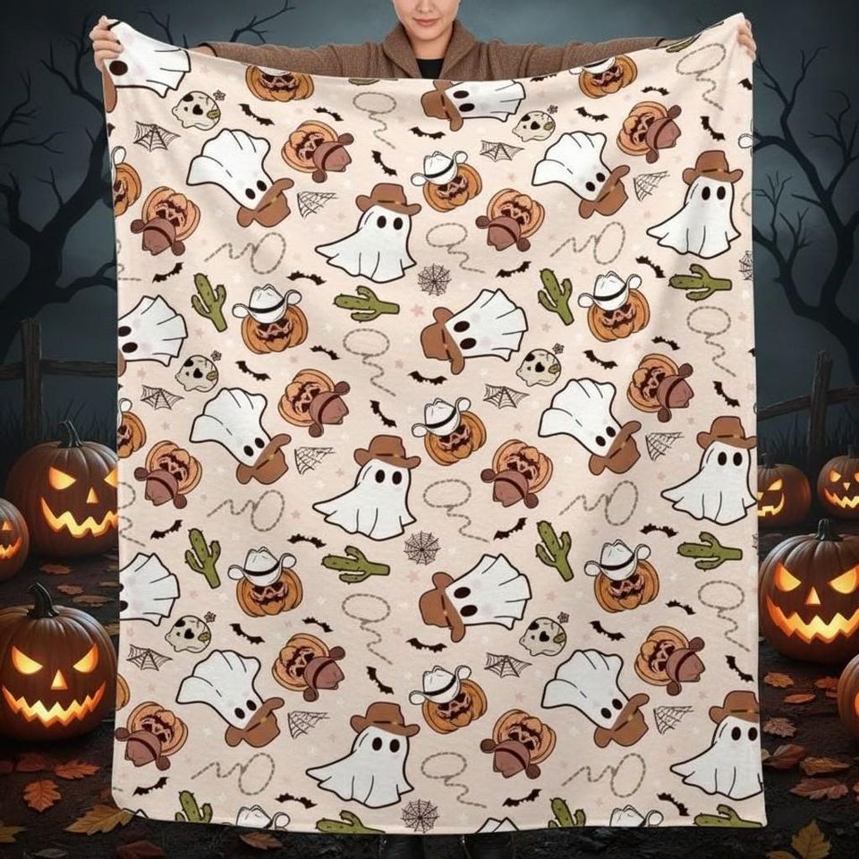 Cowboy Ghost Halloween Blanket, Cute Western Spooky Fleece Blanket