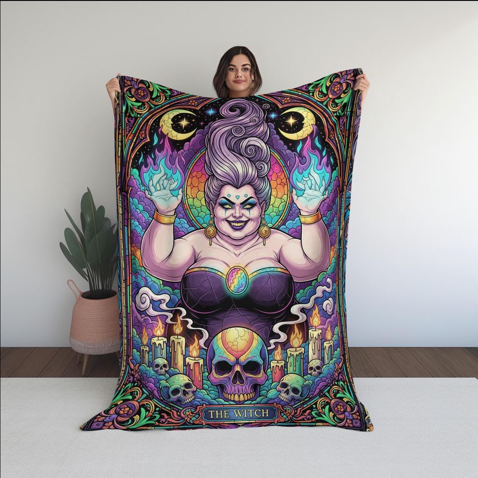 The Witch Blanket  Gothic Witch Fleece Blanket, Occult Stained Glass Style Bedding