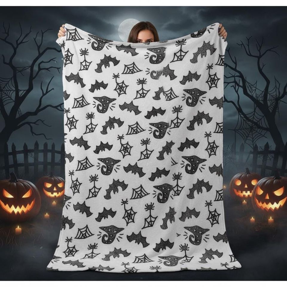 Halloween Bats and Spiderweb Blanket, Black and White Spooky Fleece Blanket