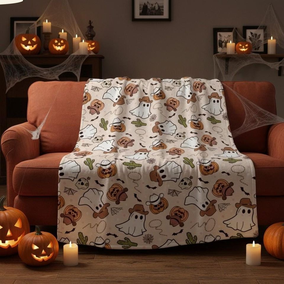 Cowboy Ghost Halloween Blanket, Cute Western Spooky Fleece Blanket
