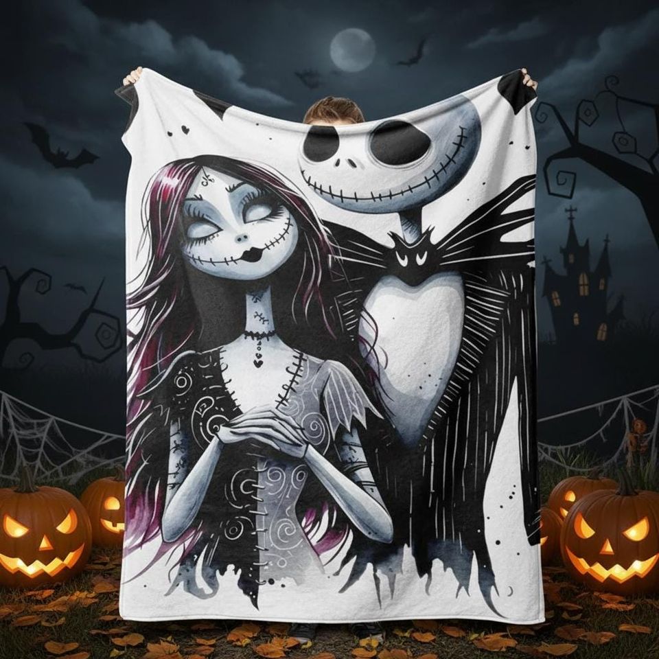 Nightmare Gothic Couple Blanket, Skeleton Love Throw, Dark Romantic Tapestry