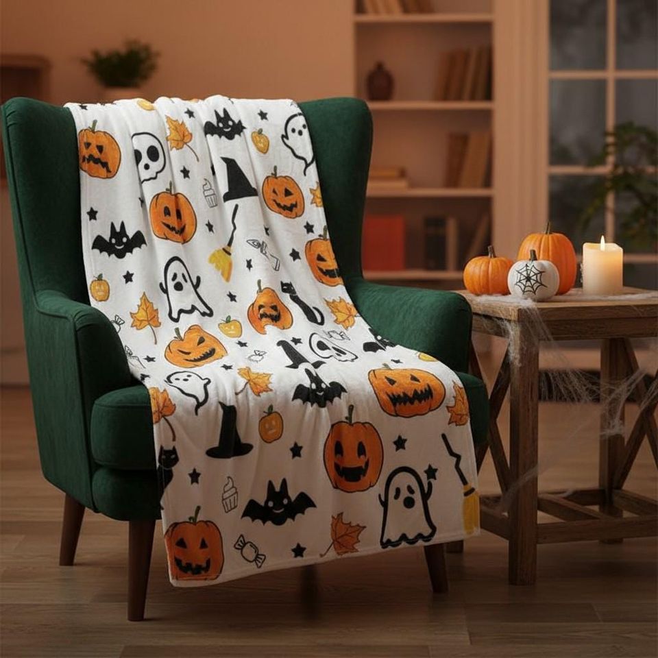 Halloween Blanket, Cute Pumpkin Ghost Witch Cat Skull Bat Throw