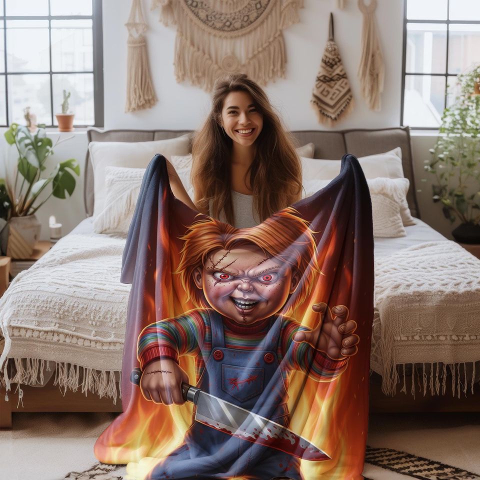 Chucky Blanket  Horror Movie Throw, Killer Doll Bedding, Creepy Slasher Blanket