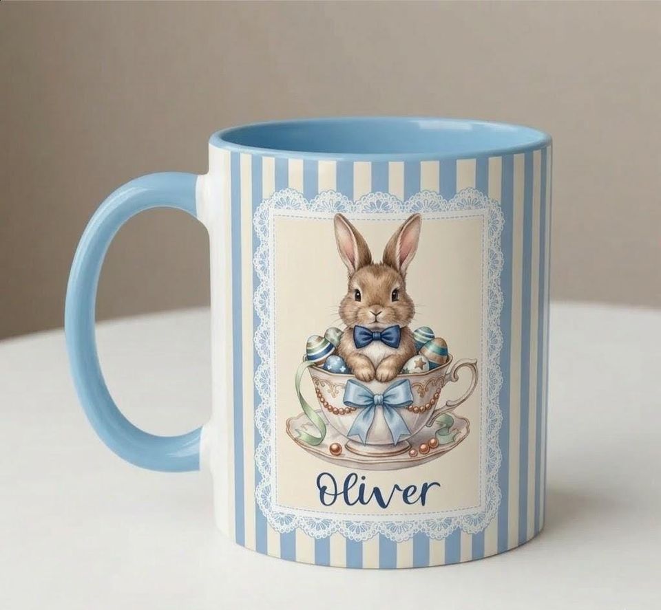 Personalized Easter Bunny Mug, Custom Teacup Rabbit Coffee Cup, Cute Easter Baby Girl Gift