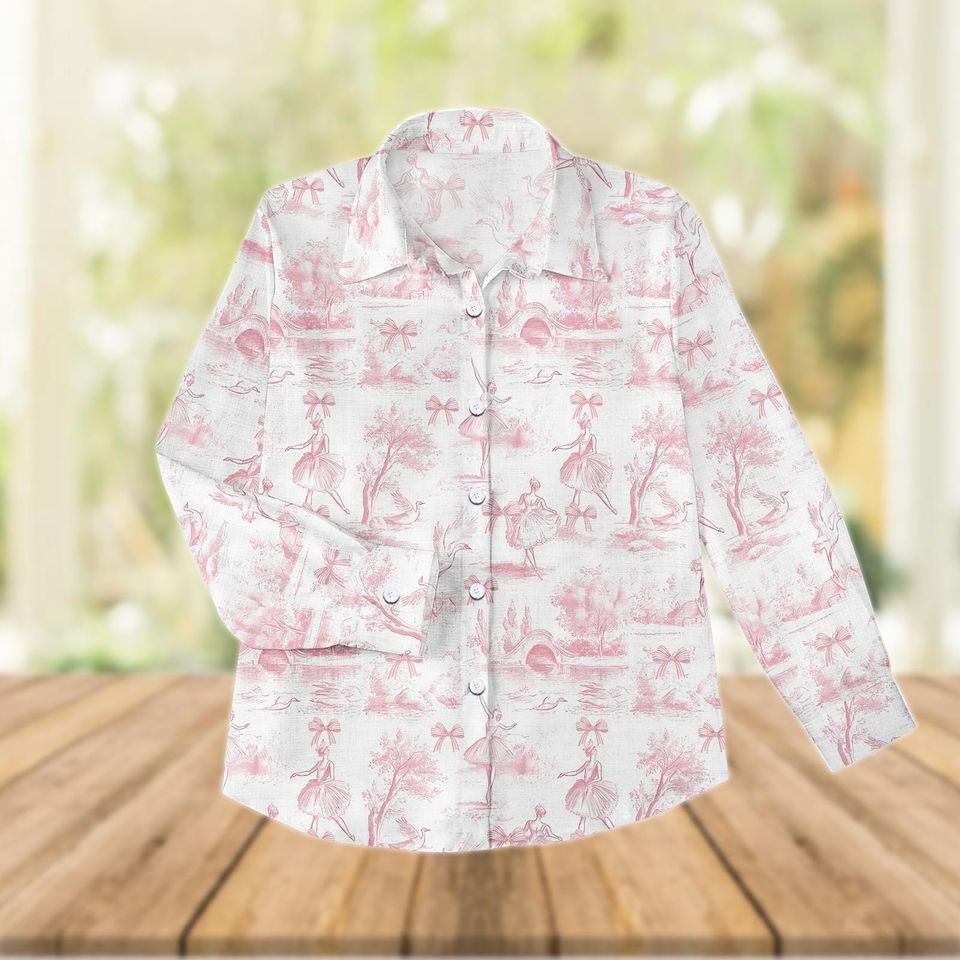 Vintage Pink Toile Balletcore Blouse for Women