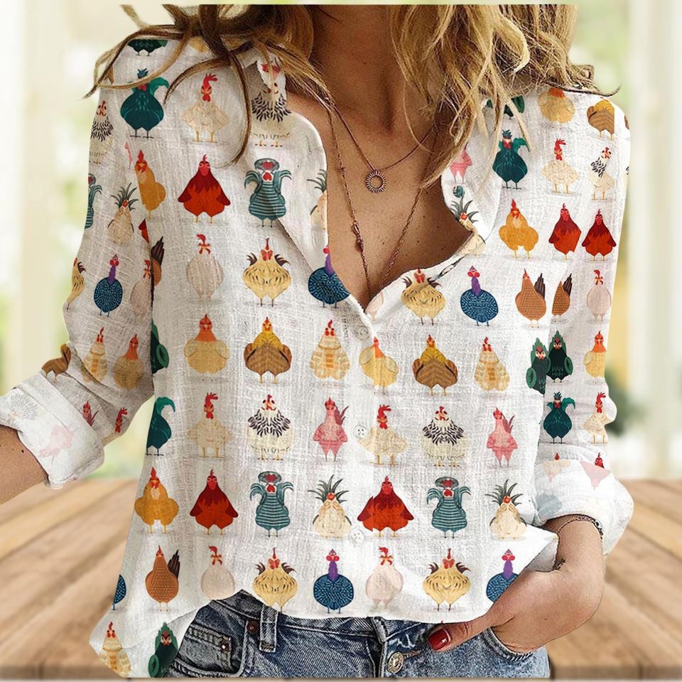 Colorful Chickens Pattern Blouse, Women's Farm Life Shirt