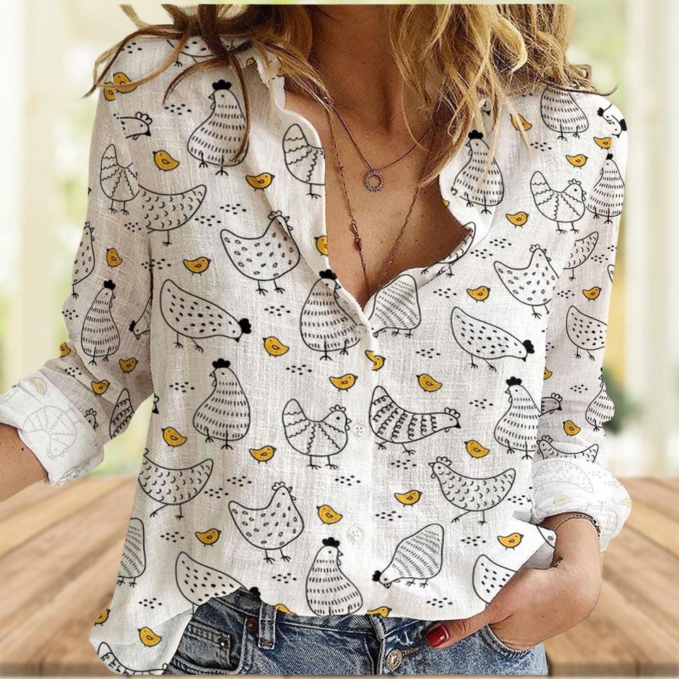 Chicken Women's Blouse, Rooster & Hen Long Sleeve Top