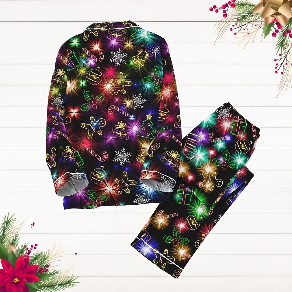 Christmas Bright Neon Lighting Pajamas Set, Neon Lighting Holiday Pjs, Christmas Symbols Pyjamas, Merry Xmas Shirt, Pajamas For Party